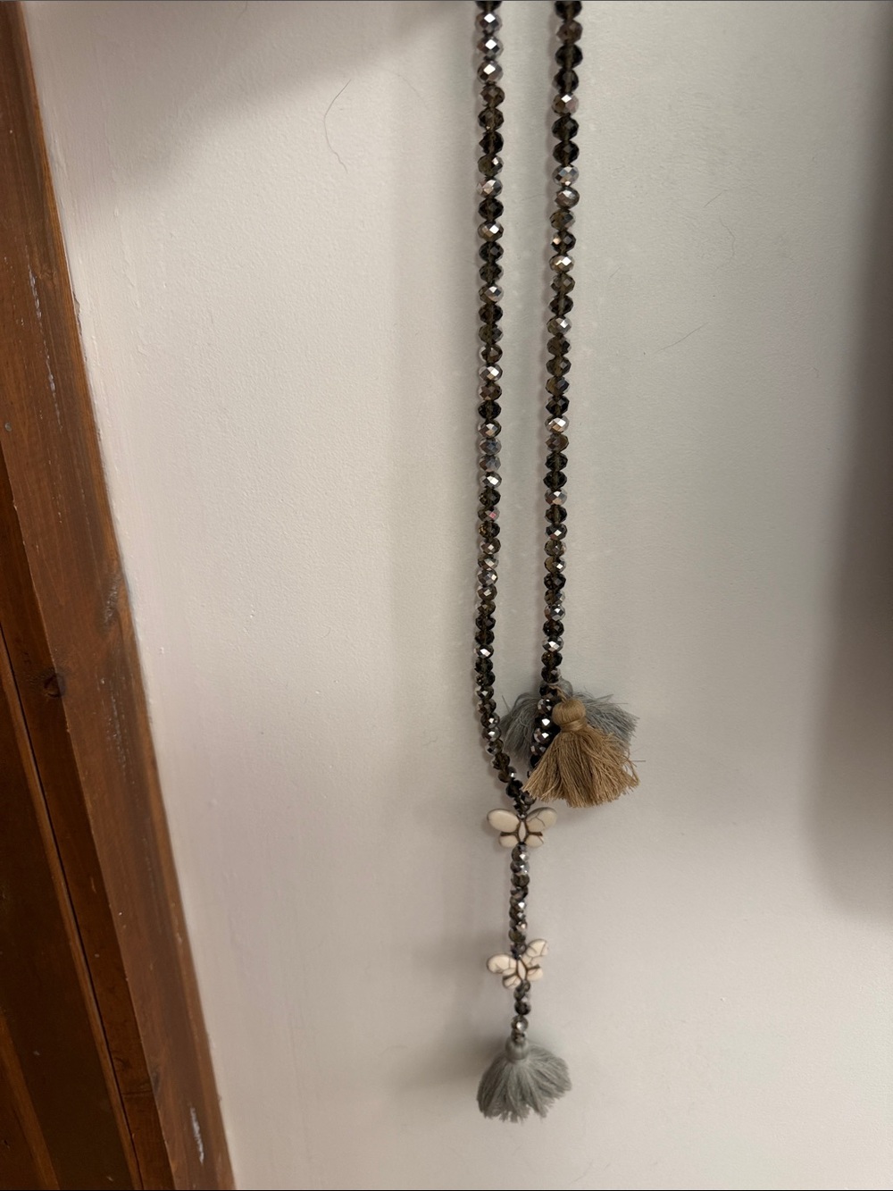 Beaded Tassel Y-Necklace in Brown and Gray